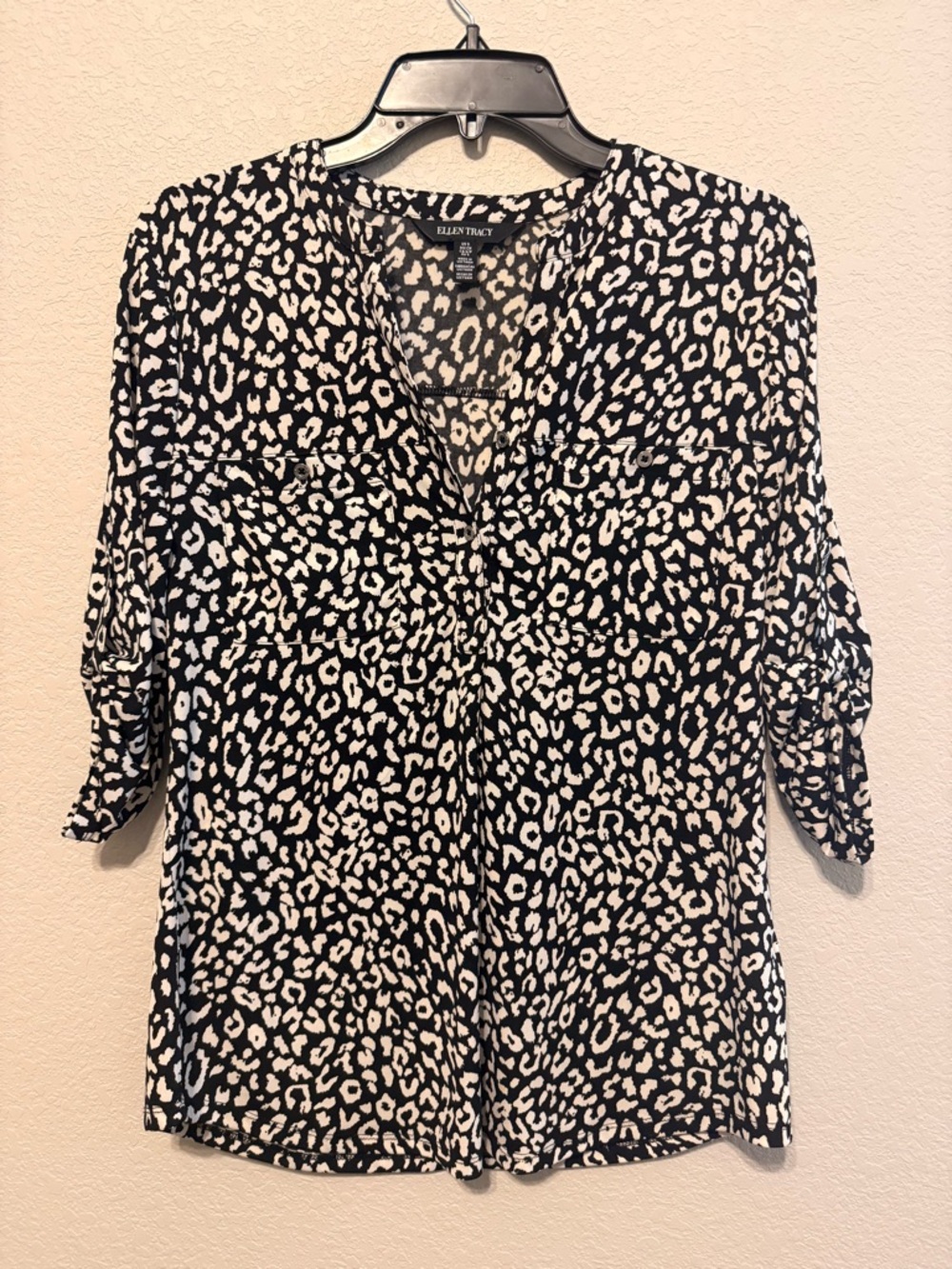 Ellen Tracy Black and White Leopard-Print V-Neck Blouse